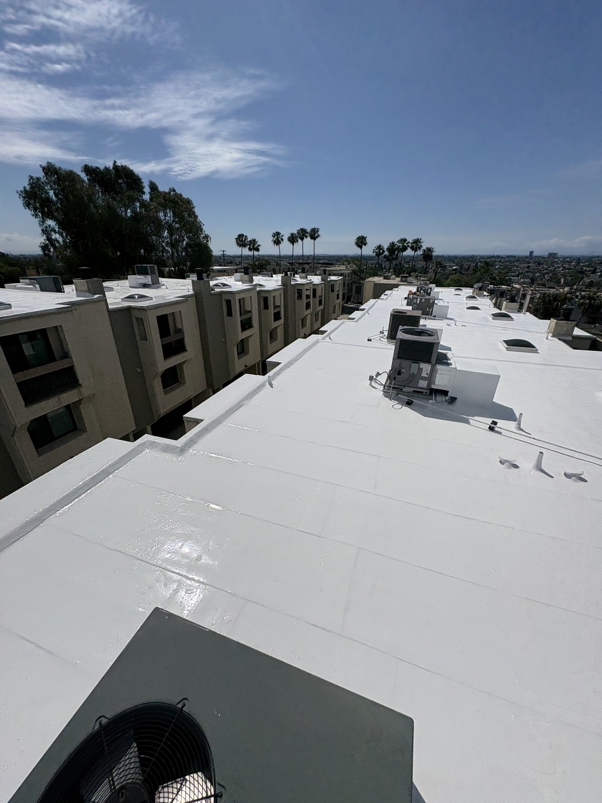 Wide view of completed silicone roof restoration across the Signal Hill HOA property.