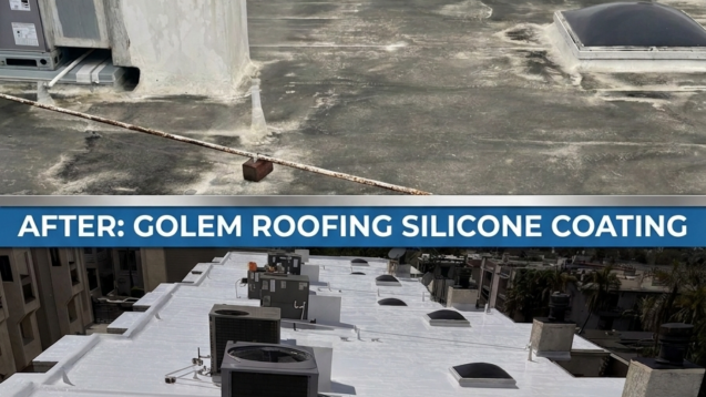 Signal Hill HOA roof restoration before and after silicone coating cover by Golem Roofing.