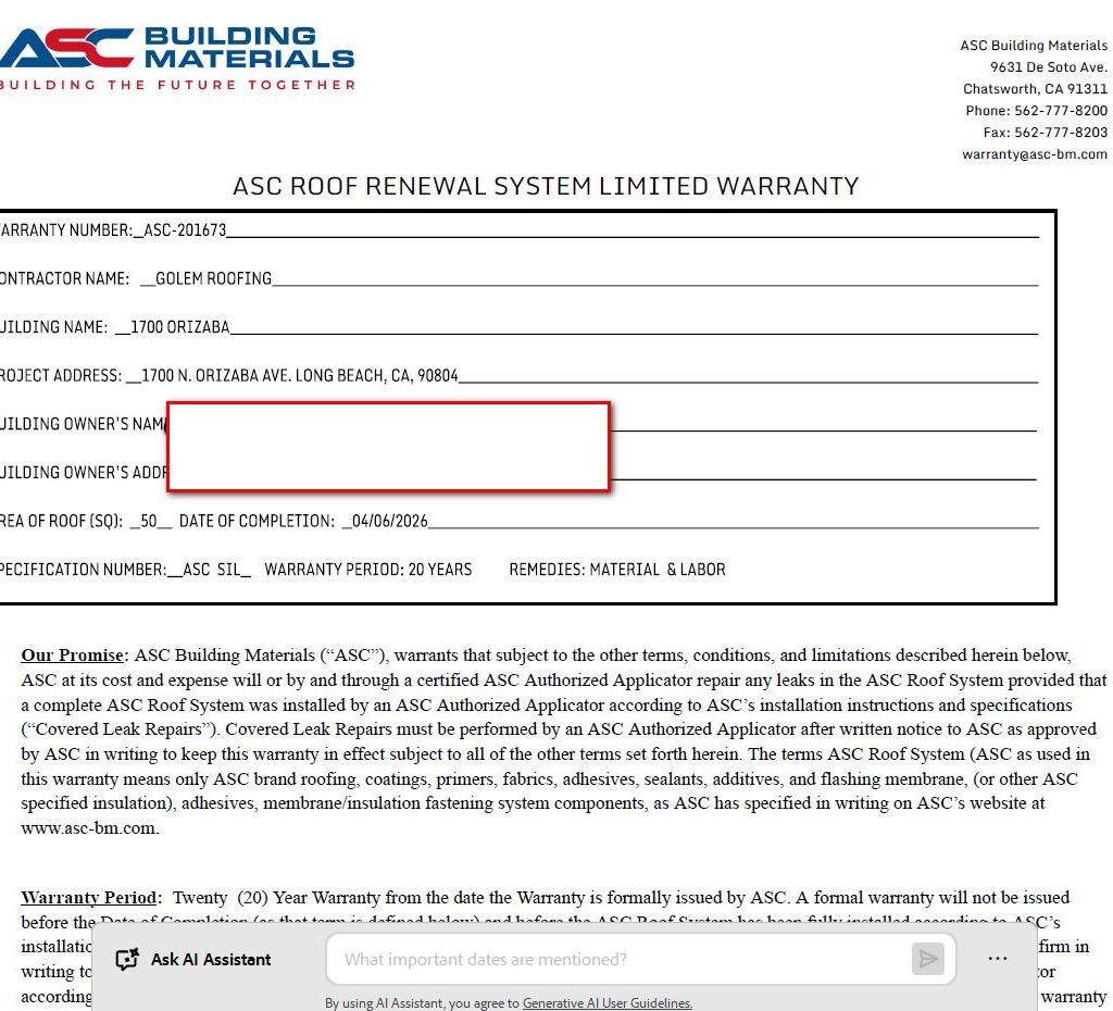 ASC manufacturer warranty documentation for the Long Beach apartment roof restoration system.