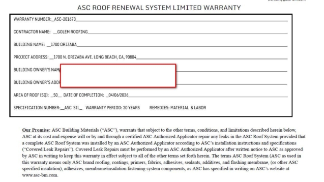 ASC manufacturer warranty documentation for the Long Beach apartment roof restoration system.