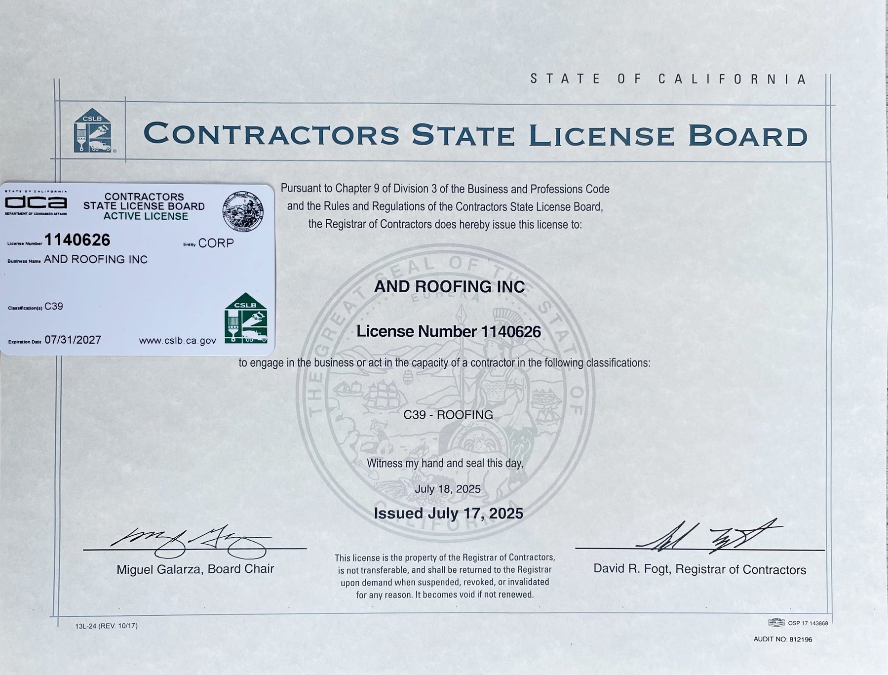 Golem Roofing California contractor license and compliance documentation.